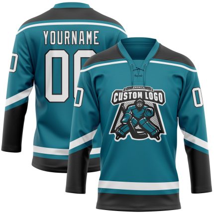 Custom Name and Number Teal White-Black Hockey Lace Neck Jersey - Personalized Team Apparel Personalized Teal White-Black