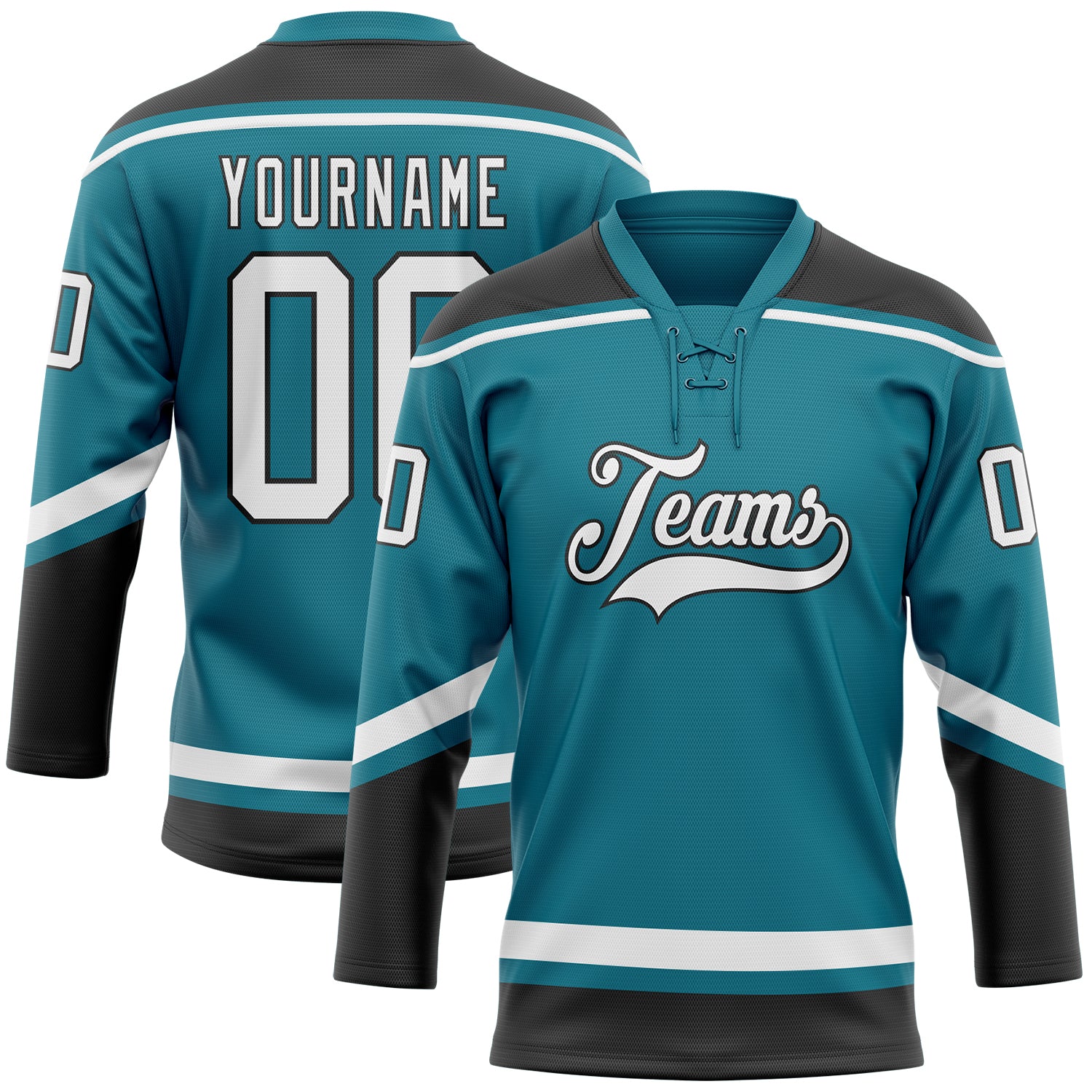 Custom Name and Number Teal White-Black Hockey Lace Neck Jersey - Personalized Team Apparel Personalized Teal White-Black