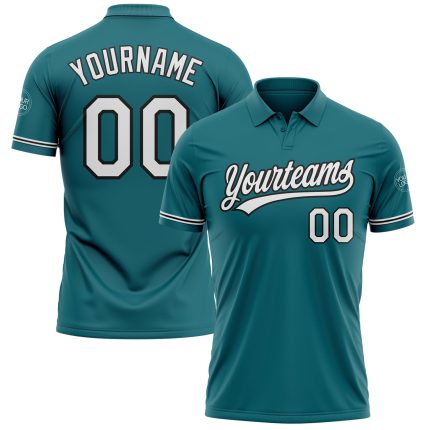 Custom Name Number Teal White Black Performance Vapor Golf Polo Shirt - Personalized Team Apparel Personalized Teal White-Black