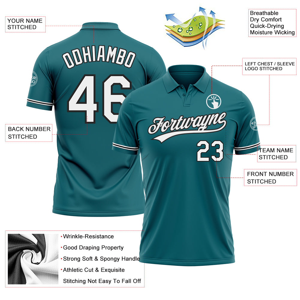 Personalized Teal White-Black Performance Vapor Golf Polo Shirt Team Custom Name and Number Custom Name Number Teal White Black Performance Vapor Golf Polo Shirt - Personalized Team Apparel Personalized Teal White-Black - Image 3