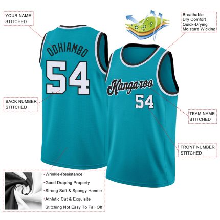 Custom Basketball Jersey with Name and Number - Personalized Teal Black White Round Neck Rib-Knit Team Apparel Personalized