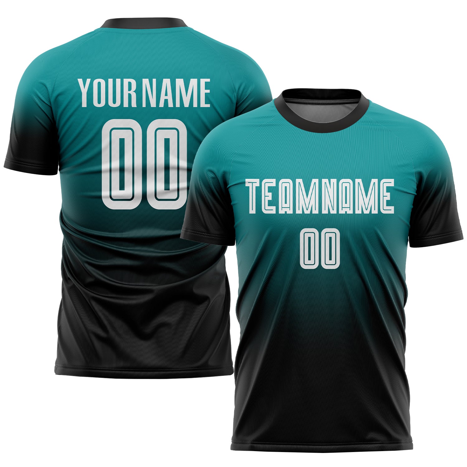 Customizable Teal Black White Soccer Jersey with Fade Design, Personalized Name and Number - Fashion Team Uniform Personalized
