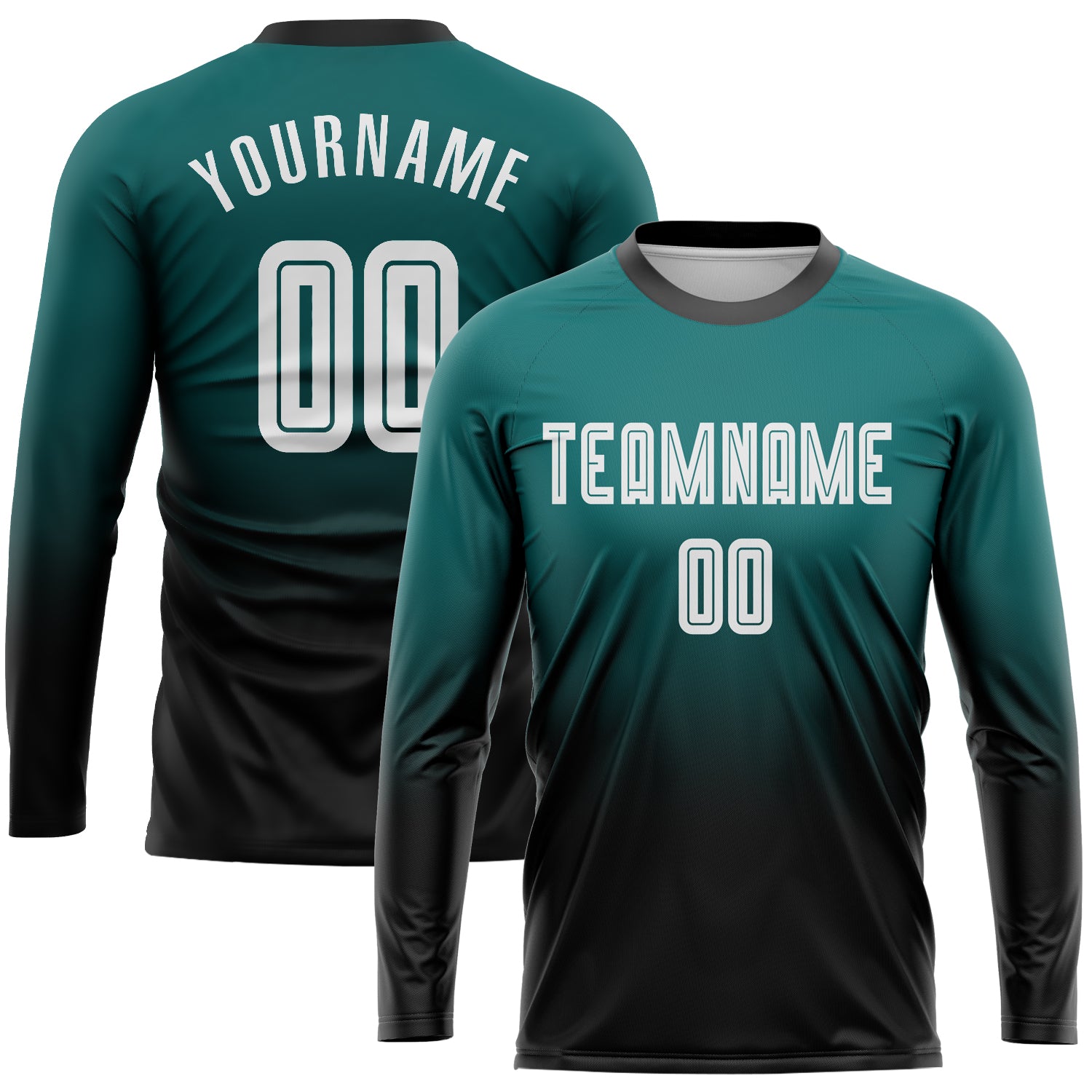 Custom Teal Black White Soccer Jersey with Name and Number - Personalized Long Sleeve Fade Fashion Uniform Personalized Teal