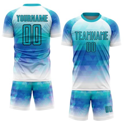 Custom Teal White Geometric Triangle Soccer Jersey with Name and Number - Personalized Team Uniform Personalized Teal White