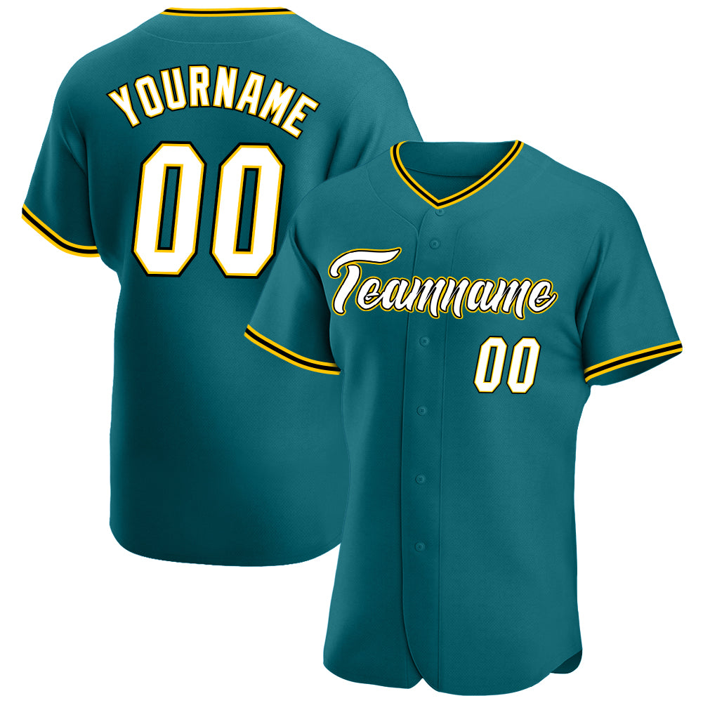 Custom Team Baseball Jersey with Personalized Name and Number in Teal White-Gold Authentic Design Personalized Teal White-Gold