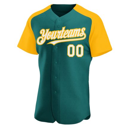 Custom Teal White Gold Baseball Jersey with Personalized Name and Number - Authentic Raglan Sleeves Personalized Teal White-Gold