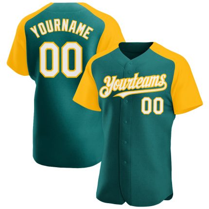 Custom Teal White Gold Baseball Jersey with Personalized Name and Number - Authentic Raglan Sleeves Personalized Teal White-Gold