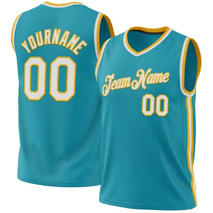 Personalized Teal White Gold Basketball Jersey - Authentic Throwback Style Personalized Teal White-Gold Authentic Throwback