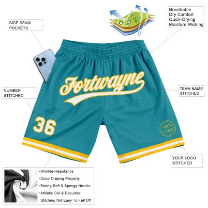 Personalized Teal White Gold Basketball Shorts - Authentic Throwback Design Personalized Teal White-Gold Authentic Throwback