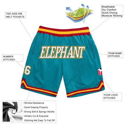Custom Team Name and Number Personalized Authentic Basketball Shorts in Teal White Gold Personalized Teal White-Gold Authentic