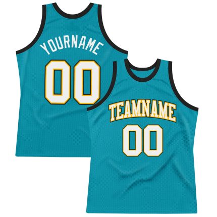 Custom Basketball Jersey with Personalized Name and Number - Teal White Gold-Black Authentic Throwback Design Personalized