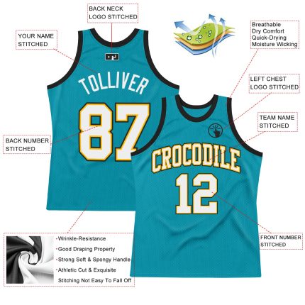Custom Basketball Jersey with Personalized Name and Number - Teal White Gold-Black Authentic Throwback Design Personalized