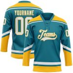 Custom Name Number Hockey Jersey Teal White Gold Lace Neck Personalized Team Apparel Personalized Teal White-Gold Hockey