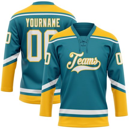 Custom Name Number Hockey Jersey Teal White Gold Lace Neck Personalized Team Apparel Personalized Teal White-Gold Hockey