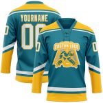 Custom Name Number Hockey Jersey Teal White Gold Lace Neck Personalized Team Apparel Personalized Teal White-Gold Hockey