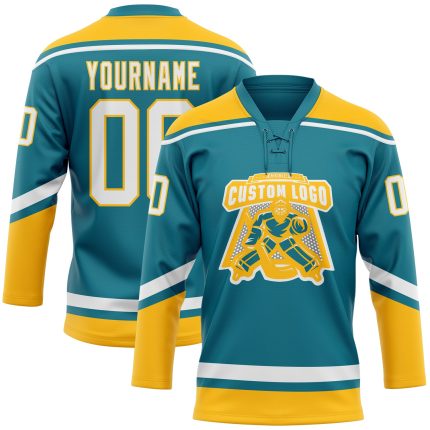 Custom Name Number Hockey Jersey Teal White Gold Lace Neck Personalized Team Apparel Personalized Teal White-Gold Hockey