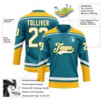 Custom Name Number Hockey Jersey Teal White Gold Lace Neck Personalized Team Apparel Personalized Teal White-Gold Hockey