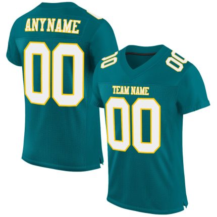 Personalized Authentic Football Jersey in Teal with White and Gold Mesh Design Personalized Teal White-Gold Mesh Authentic