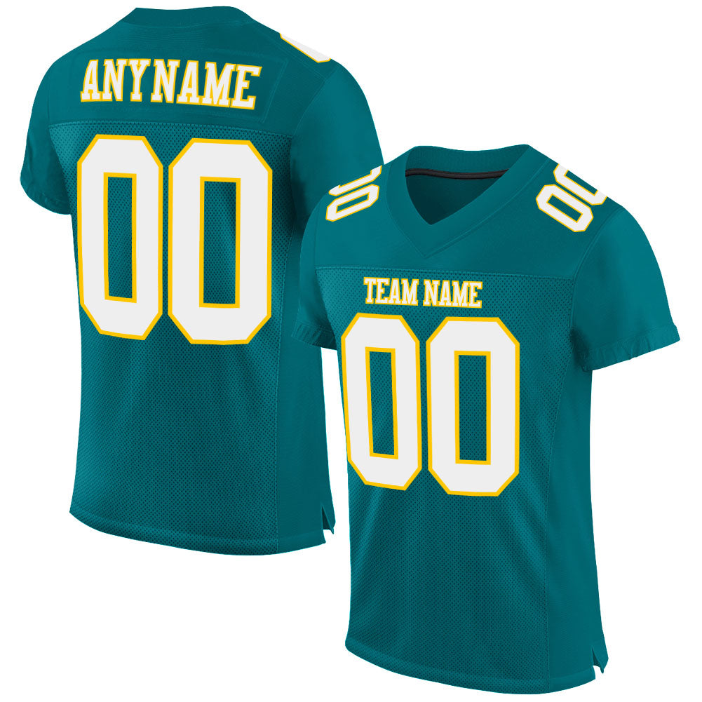 Personalized Authentic Football Jersey in Teal with White and Gold Mesh Design Personalized Teal White-Gold Mesh Authentic