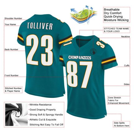 Custom Authentic Football Jersey with Personalized Name & Number - Teal White-Gold Mesh Personalized Teal White-Gold Mesh