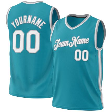 Custom Name and Number Personalized Teal White-Gray Basketball Jersey - Authentic Throwback Design Personalized Teal White-Gray
