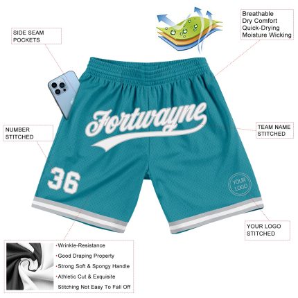 Personalized Teal Gray White Basketball Shorts - Authentic Throwback Style Personalized Teal White-Gray Authentic Throwback