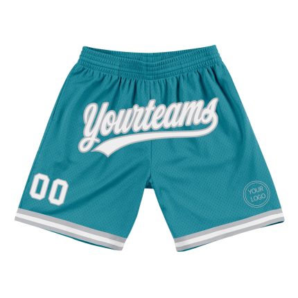 Personalized Teal Gray White Basketball Shorts - Authentic Throwback Style Personalized Teal White-Gray Authentic Throwback