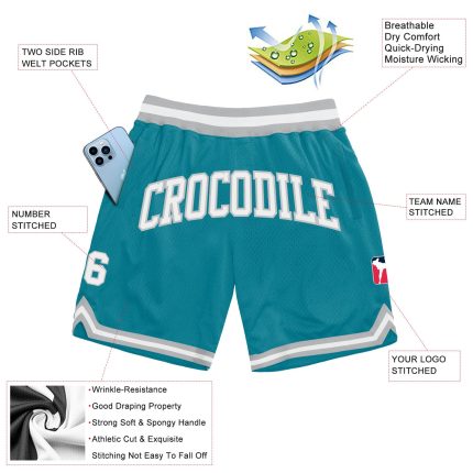 Custom Name and Number Basketball Shorts - Personalized Teal White-Gray Authentic Throwback Style Personalized Teal White-Gray