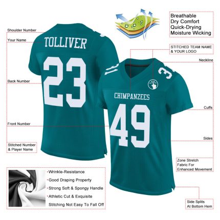 Custom Team Football Jersey - Personalized Teal White Mesh with Name & Number Personalized Teal White Mesh Authentic Football