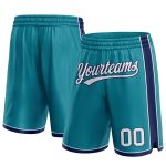 Custom Team Basketball Shorts with Personalized Name and Number, Teal White-Navy Authentic Design Personalized Teal White-Navy