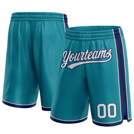 Custom Team Basketball Shorts with Personalized Name and Number, Teal White-Navy Authentic Design Personalized Teal White-Navy