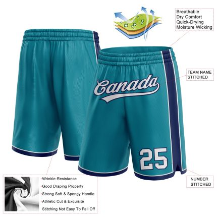 Custom Team Basketball Shorts with Personalized Name and Number, Teal White-Navy Authentic Design Personalized Teal White-Navy