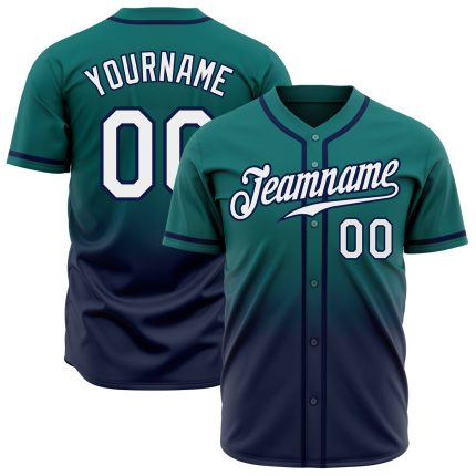 Personalized Teal White-Navy Authentic Fade Baseball Jersey with Custom Name & Number Personalized Teal White-Navy Authentic