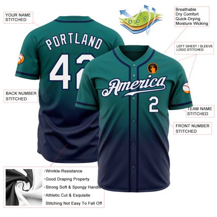 Personalized Teal White-Navy Authentic Fade Baseball Jersey with Custom Name & Number Personalized Teal White-Navy Authentic