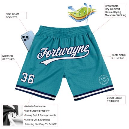 Custom Team Basketball Shorts with Name and Number - Teal White-Navy Authentic Throwback Design Personalized Teal White-Navy