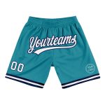 Custom Team Basketball Shorts with Name and Number - Teal White-Navy Authentic Throwback Design Personalized Teal White-Navy