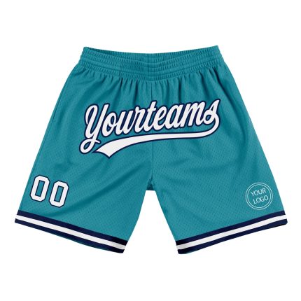 Custom Team Basketball Shorts with Name and Number - Teal White-Navy Authentic Throwback Design Personalized Teal White-Navy