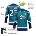 Custom Name and Number Hockey Lace Neck Jersey in Teal White-Navy - Personalized Team Apparel Personalized Teal White-Navy