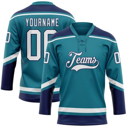 Custom Name and Number Hockey Lace Neck Jersey in Teal White-Navy - Personalized Team Apparel Personalized Teal White-Navy