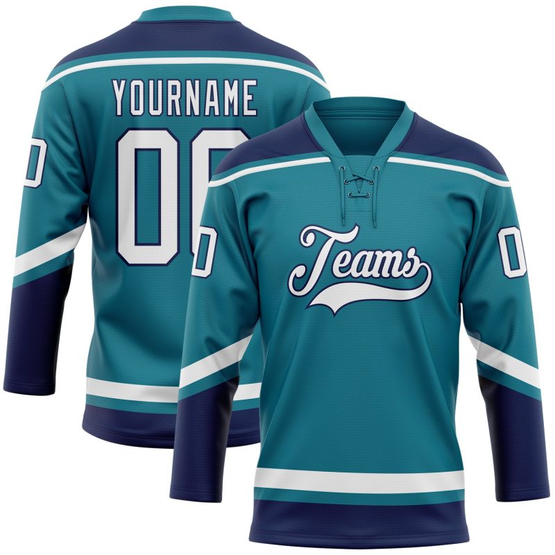 Custom Name and Number Hockey Lace Neck Jersey in Teal White-Navy - Personalized Team Apparel Personalized Teal White-Navy