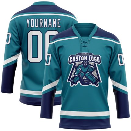 Custom Name and Number Hockey Lace Neck Jersey in Teal White-Navy - Personalized Team Apparel Personalized Teal White-Navy