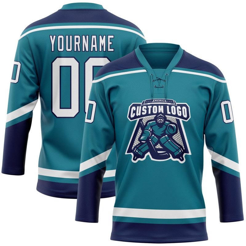 Custom Name and Number Hockey Lace Neck Jersey in Teal White-Navy - Personalized Team Apparel Personalized Teal White-Navy