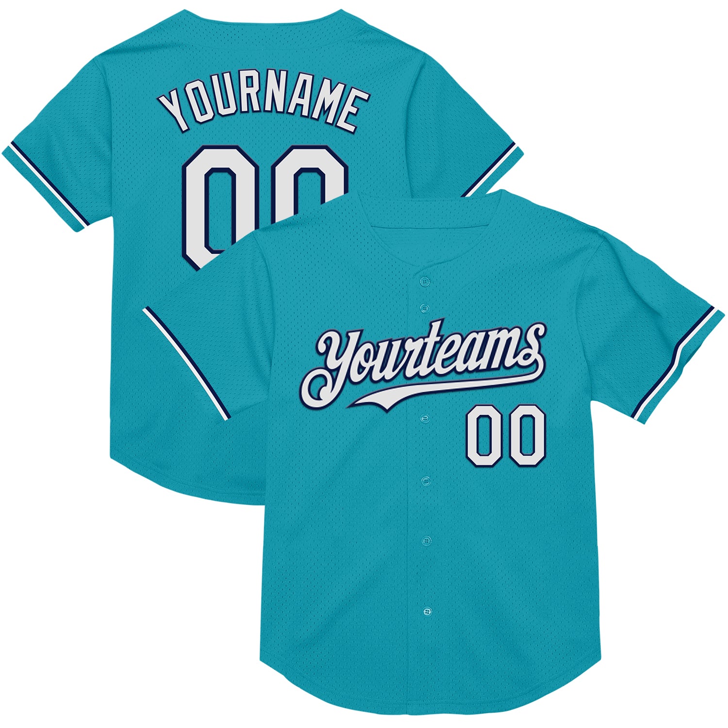 Custom Team Baseball Jersey - Personalized Teal White-Navy Mesh with Name and Number Personalized Teal White-Navy Mesh Authentic