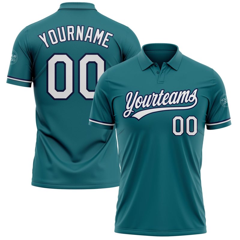 Custom Personalized Teal White-Navy Performance Vapor Golf Polo Shirt with Name and Number Personalized Teal White-Navy Performance