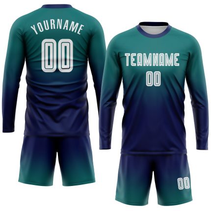 Custom Name Number Soccer Jersey Long Sleeve Teal White Navy Fade Fashion Team Uniform Personalized Teal White-Navy Sublimation