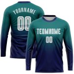 Custom Name Number Soccer Jersey Long Sleeve Teal White Navy Fade Fashion Team Uniform Personalized Teal White-Navy Sublimation
