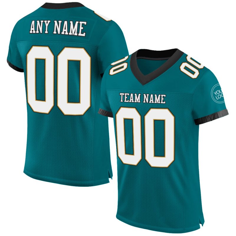 Custom Authentic Football Jersey - Personalized Teal White Old Gold Black Mesh with Custom Name and Number Personalized Teal