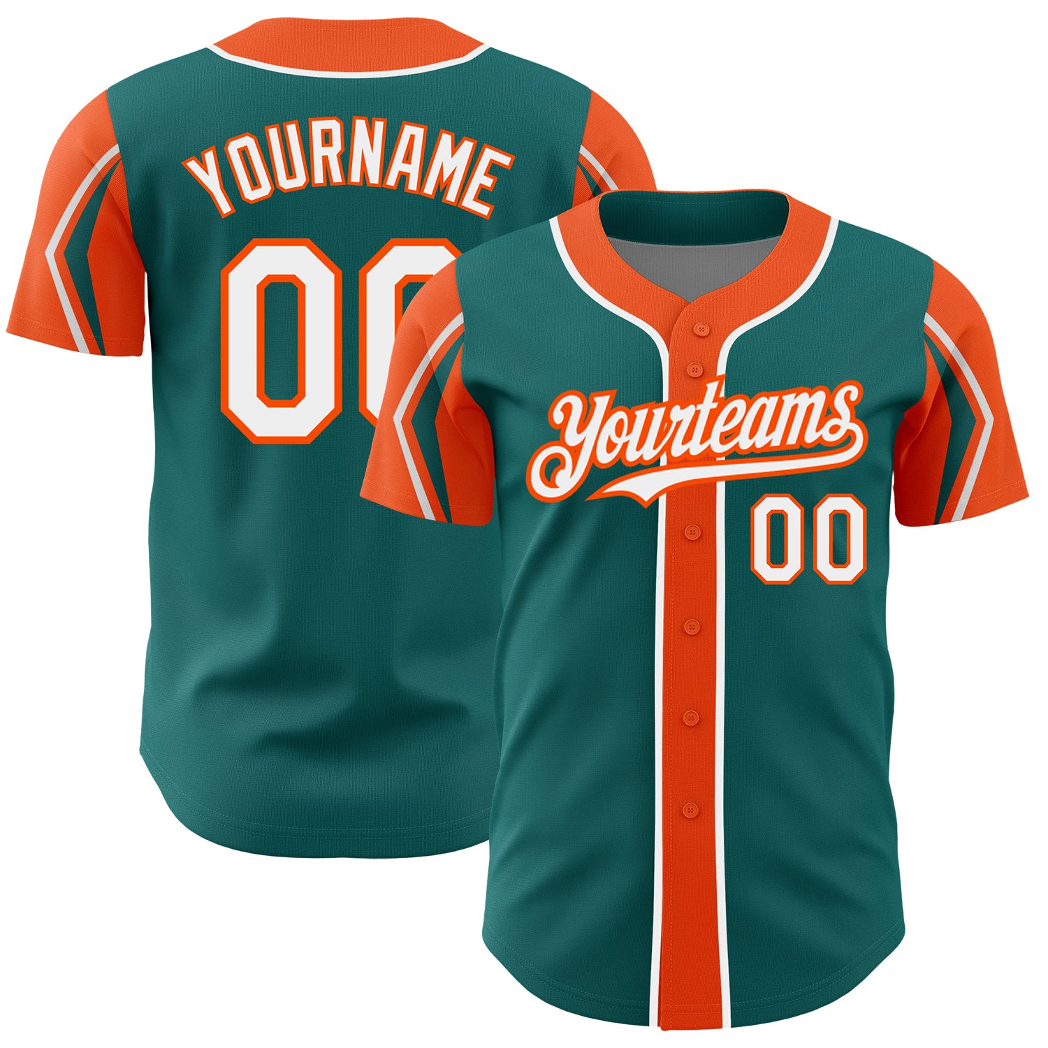 Custom Baseball Jersey with Personalized Name and Number in Teal, White, and Orange - Authentic 3-Color Arm Shapes Personalized