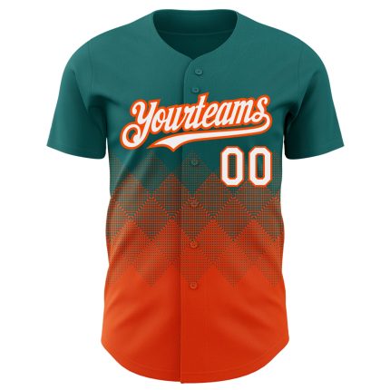Custom Gradient Baseball Jersey with Personalized Name and Number - Teal White-Orange 3D Square Pattern Design Personalized