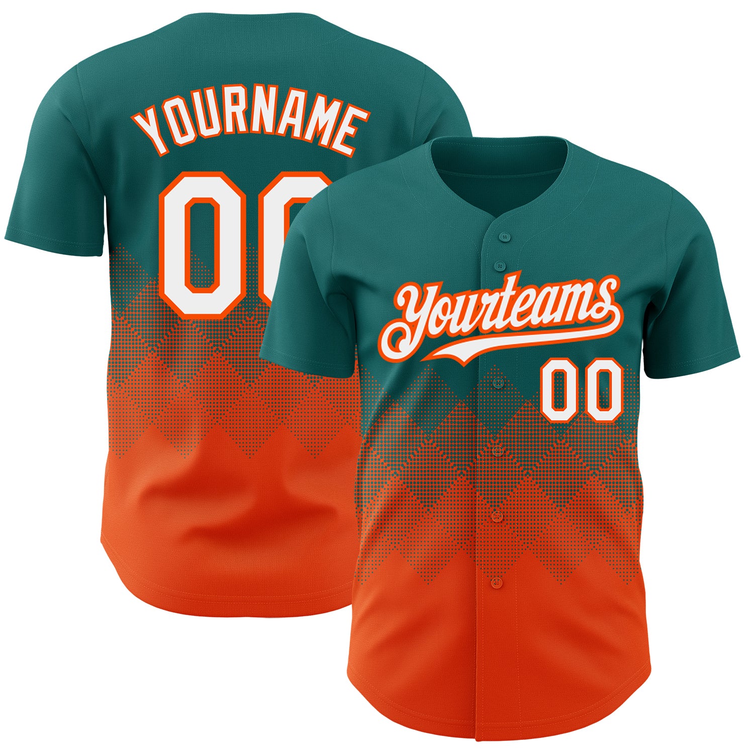 Custom Gradient Baseball Jersey with Personalized Name and Number - Teal White-Orange 3D Square Pattern Design Personalized